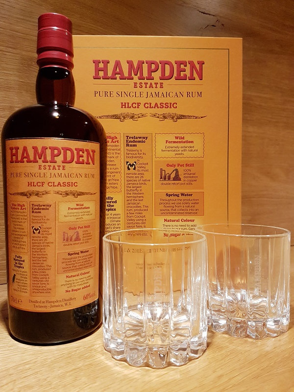 HAMPDEN HLCF Classic - Pure Single Jamaican Rum 60% in Buchformat mit 2 Gläsern